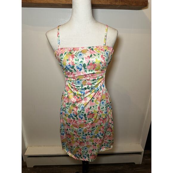 Y2K 2000s Cut Out Mini Dress Women's Size Medium Multi Color Floral Summer Dress - Picture 1 of 3